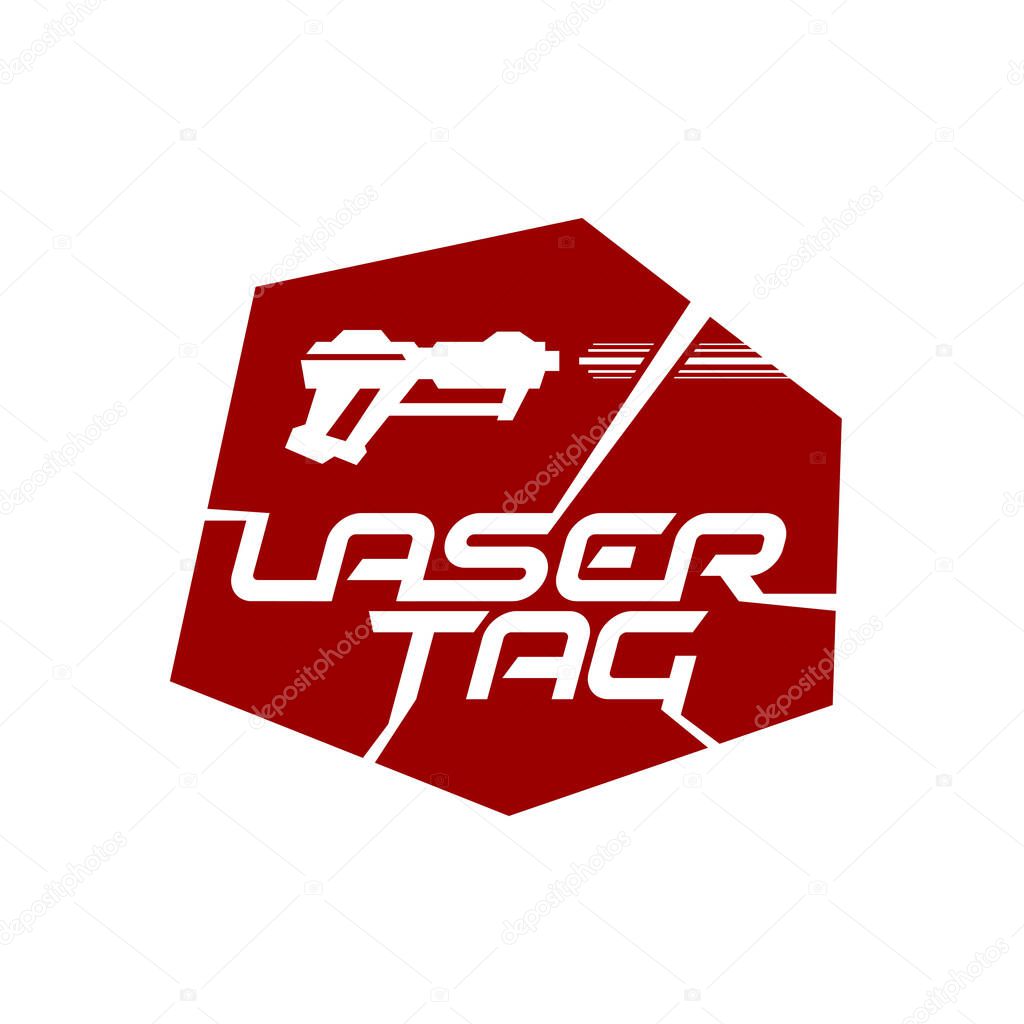 Laser tag game logo with playing gun silhouette and laser beams around. Modern weapon playground badge.