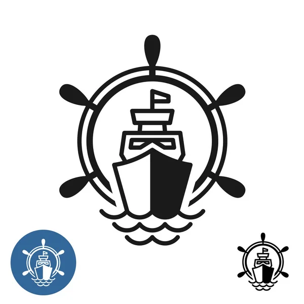 Ship logo with wheel and sea waves. — Stock Vector