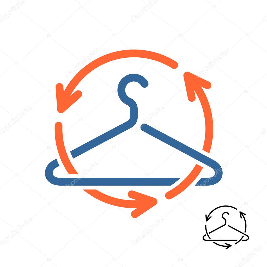 Second hand shop logo. Recycling clothes symbol. Hanger symbol with arrows around.