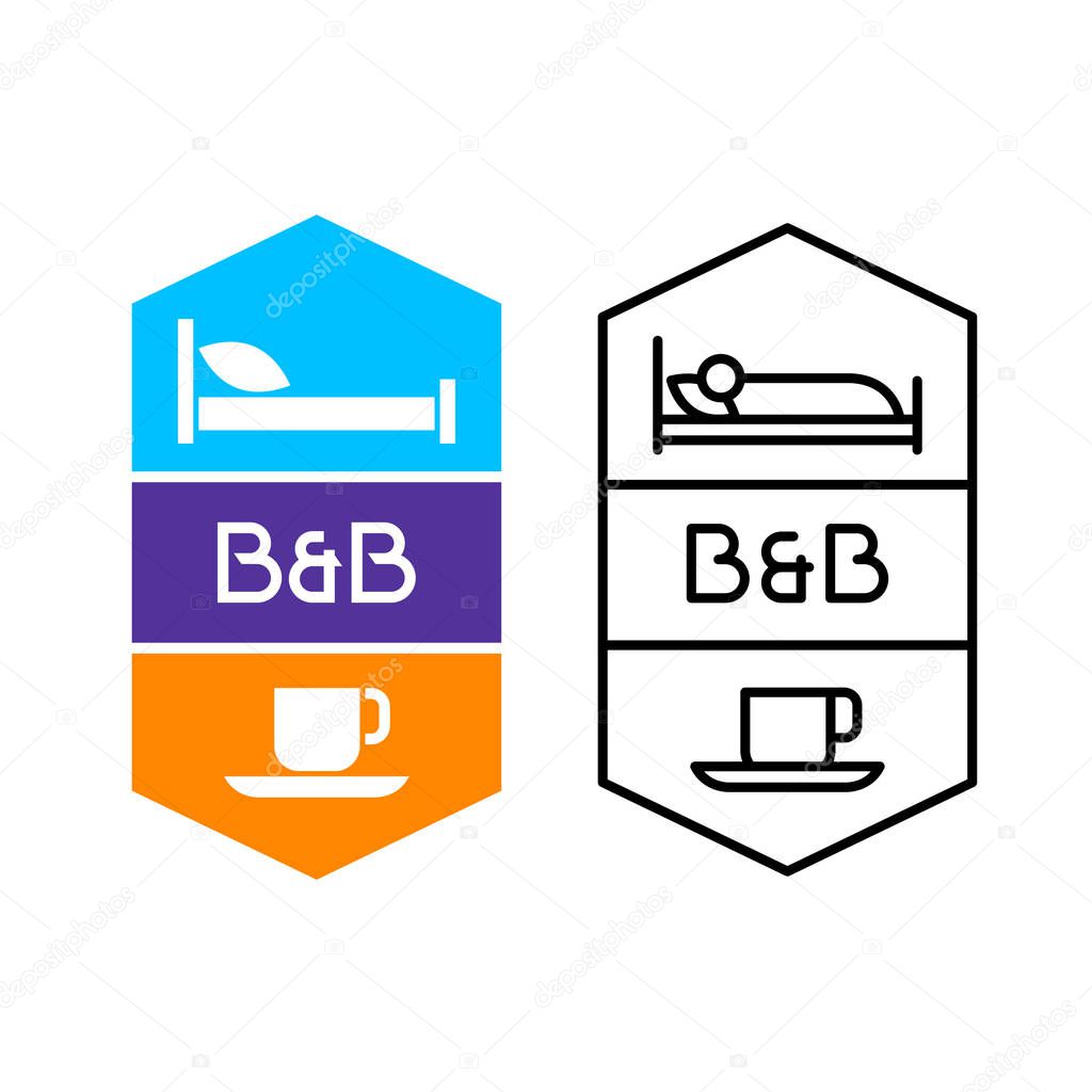 Bed and breakfast logo for hotel service or hostel house. Bed with pillow and cup of coffee symbols. Adjustable stroke width.