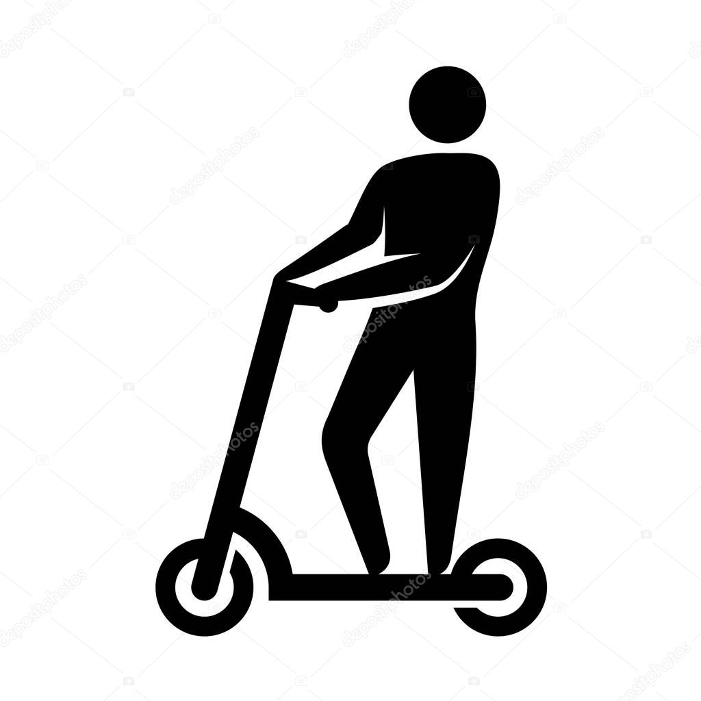 Man silhouette on electric scooter icon. Kick electro scooter rental symbol.