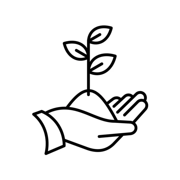 Sprout in a hand thin line icon. Human hand holding seedling plant with leaves. Adjustable stroke width. — Stock Vector