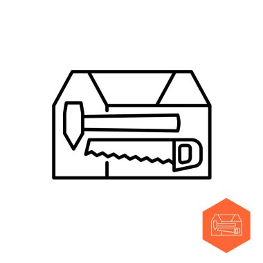 Araç kutusu simgesi. Basit çizgi tarzı tahta kutu ve aletler. İçinde çekiç ve el testeresi sembolleri var. Ayarlanabilir satır genişliği.