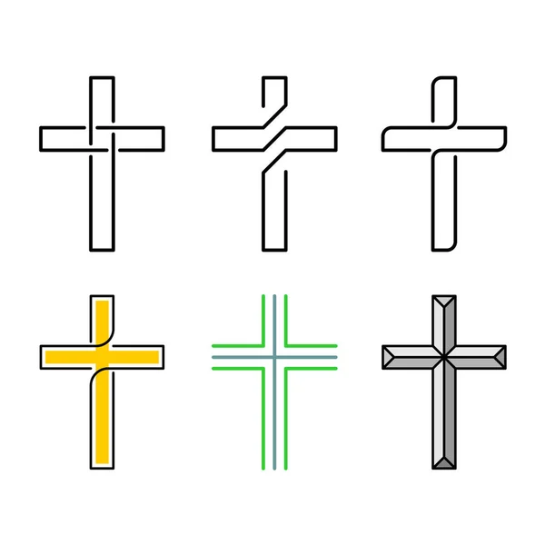 克里斯蒂安圣十字架设置。 线条风格设计宗教符号收藏. 可调线宽. — 图库矢量图片