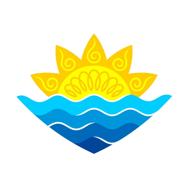 Sol med havsvågor stiliserad logotyp. Elegant soluppgång med blå vattensymbol. Tribal asiatisk design solsken. Tropiskt semestertecken. — Stock vektor