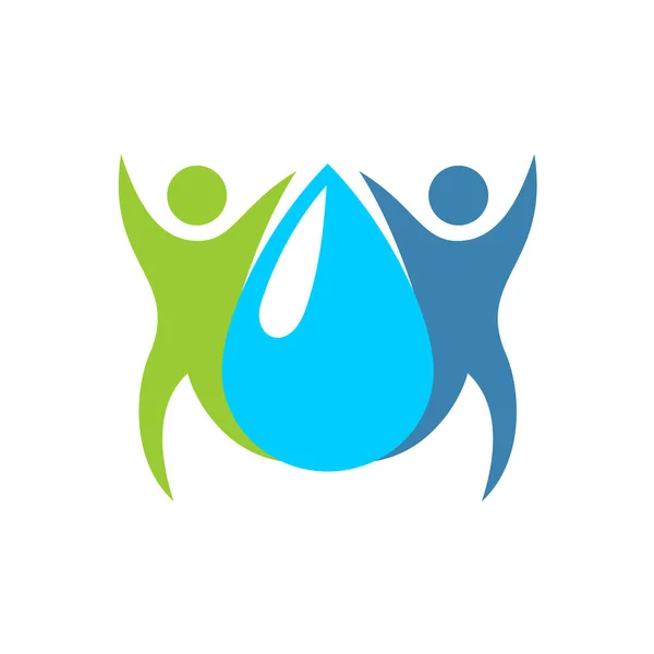 Deux personnages heureux stylisés avec le logo de goutte d'eau bleue fraîche dans un centre. Pureté et fraîcheur concept signe . — Image vectorielle