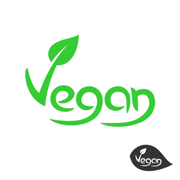 Logo tekstu wegańskiego z liściem greckim na literę V. Symbol koncepcji wegetariańskiej żywności pochodzenia roślinnego. — Wektor stockowy
