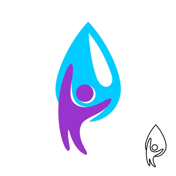 Man gestileerde figuur met water vloeistof drop logo. Zuiverheid en frisheid concept symbool. Verzorgingsteken watervoorraden. — Stockvector