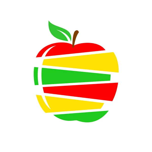 Apple cutted into slices. Different colors apple pieces mix - red, green, yellow with leaf. Fruit juicy logo. — Stok Vektör