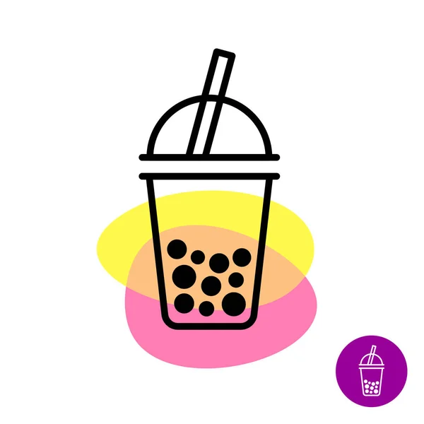 Bubble tea colorful logo. Milk tea cup symbol with tapioca pearl balls and straw. Adjustable stroke width. — ストックベクタ