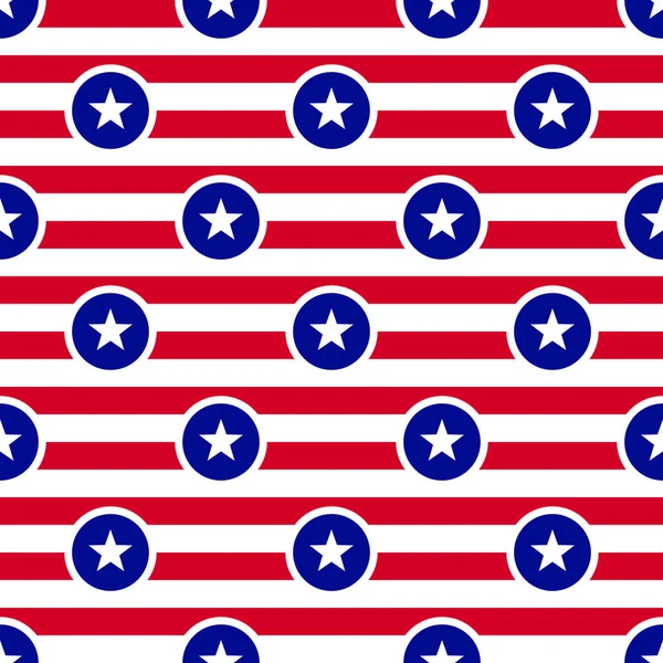 USA flag theme seamless pattern background. White and red horizontal stripes. Stars in a circles. — Stock vektor