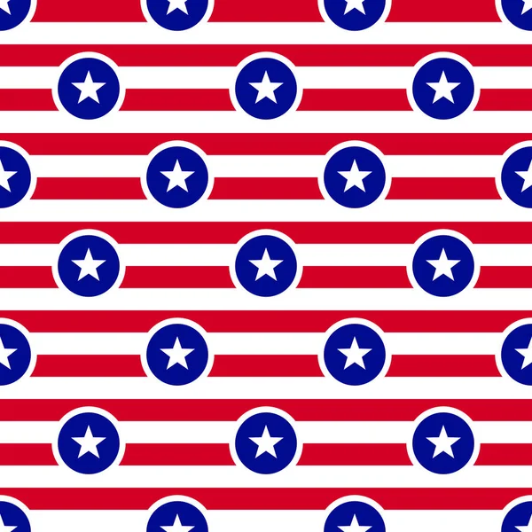 USA flag theme seamless pattern background. White and red horizontal stripes. Stars in a circles. — ストックベクタ