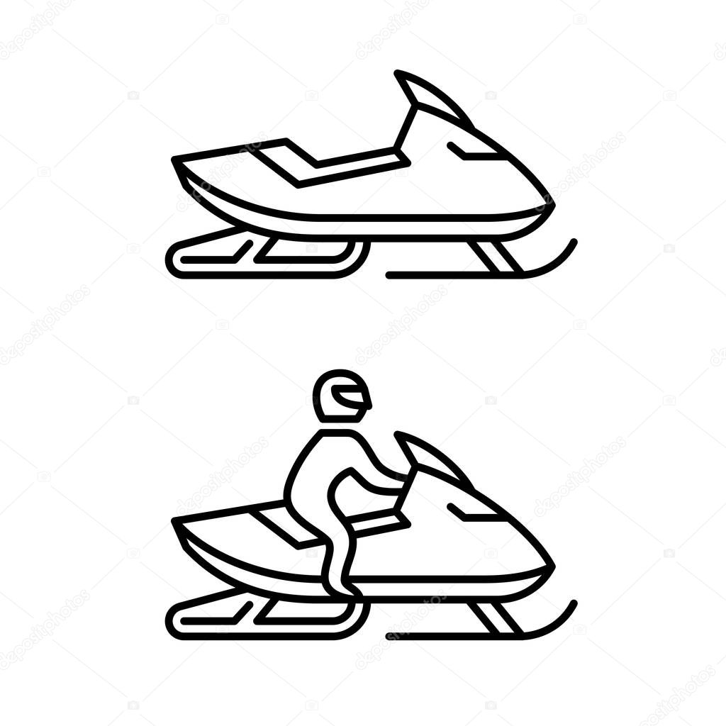 Snowmobile with man driving and no man sign. Side view snow mobile line style logo. Adjustable stroke width.
