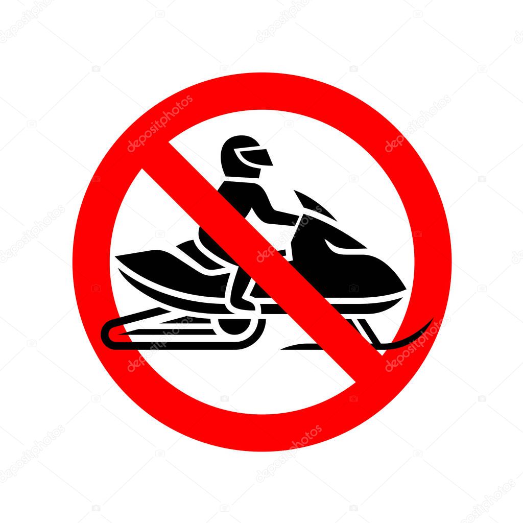 Snowmobiles are prohibited sign. No snow mobile riding round symbol.