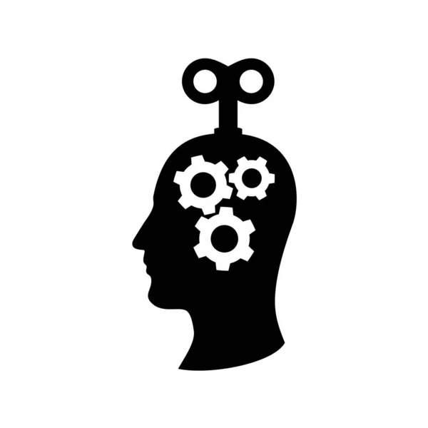 Głowa mężczyzny z mechanizmem trybików w środku. Klucz nawojowy w symbolu głowy człowieka. — Wektor stockowy