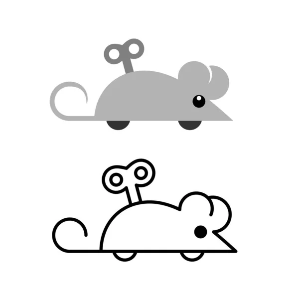 Mechaniczna ikona zabawki myszki. Mechaniczna sylwetka boczna myszy. Klucz do kręcenia w kreskówkowej myszy z powrotem. Regulowana szerokość skoku. — Wektor stockowy