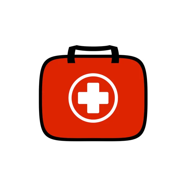 First aid kit for travel purposes symbol. Red bag with a medical cross and handle. — Stock Vector