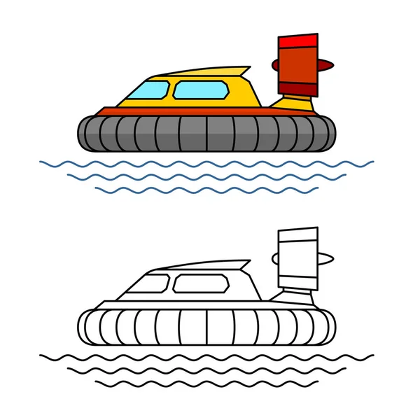 Hovercraft boat side view illustration. Hover craft vehicle with sea waves. Adjustable stroke width. — Stock Vector