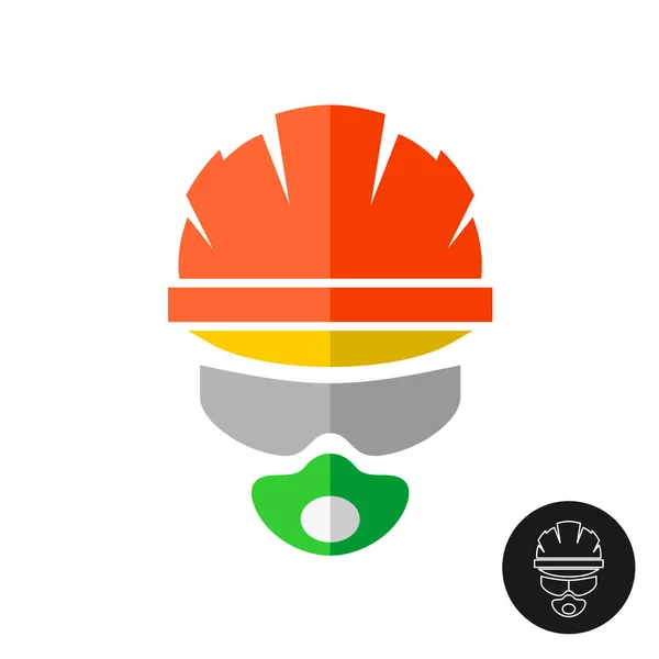 Constructor en un casco protector sombrero, gafas y respirador. Logo del trabajador de la construcción. Mecánico en un letrero de protección de cabeza y cara . — Vector de stock