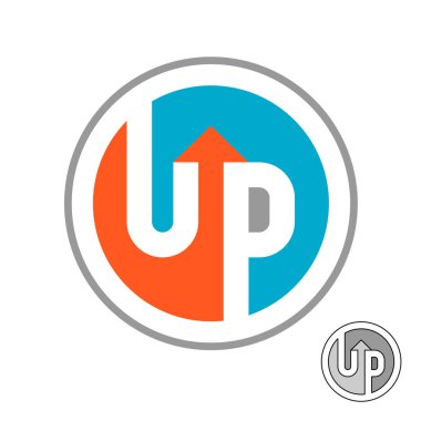 Arkalı kelime amblemi. Negatif alanı olan yuvarlak sembol. U ve P harfleri..