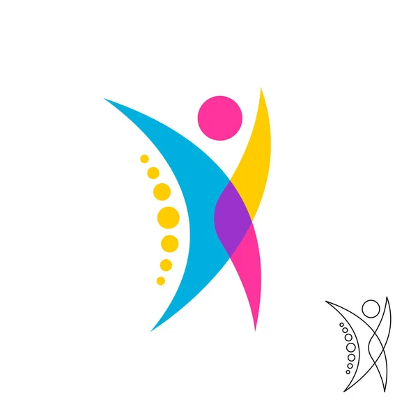Stylizowane logo postaci ludzkiej z symbolami kropek kręgosłupa. Kolorowe nakładki stylu szyropraktyczny znak. — Wektor stockowy