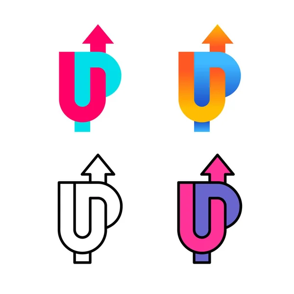 UP word colorful logo with arrow up. U and P letters wide stripe style sign with variations. — Stock Vector
