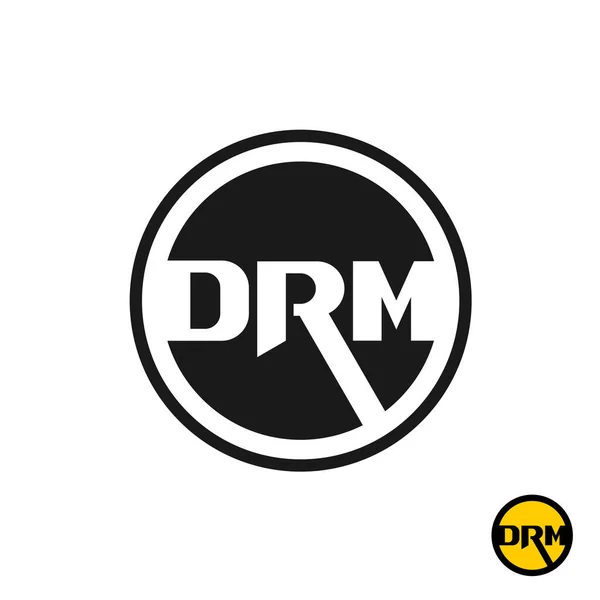 Cyfrowe logo zarządzania prawami autorskimi DRM. Trzy początkowe litery D, R i M w czarnej okrągłej odznace. — Wektor stockowy