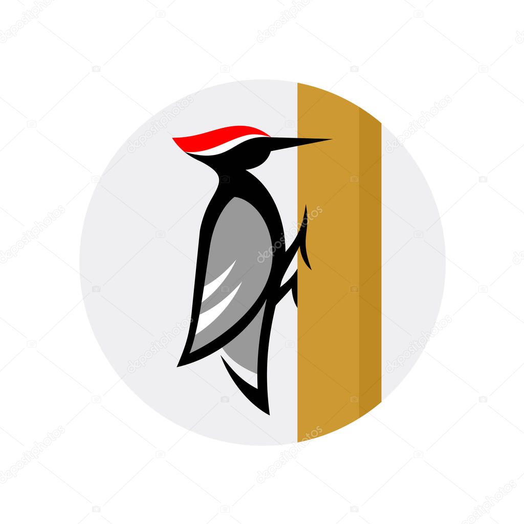 Woodpecker logo sitting on a tree. Stylized wood pecker bird in a round badge.