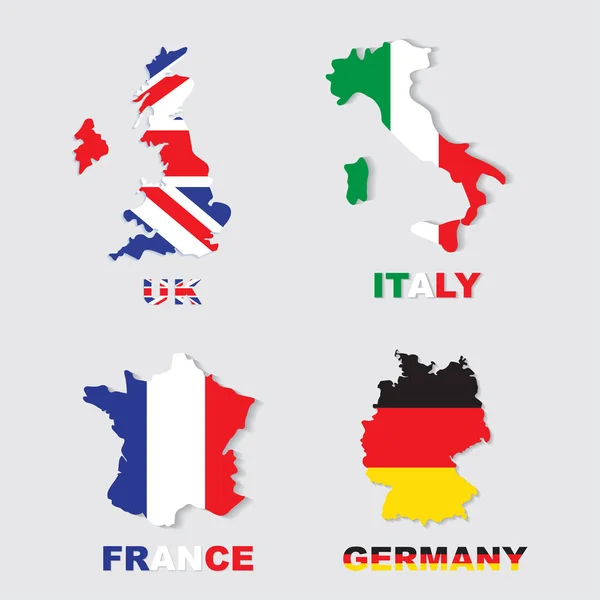Almanya, İtalya, Fransa, İngiltere'de renkli haritalar ve bayrakları Telifsiz Stok Vektörler