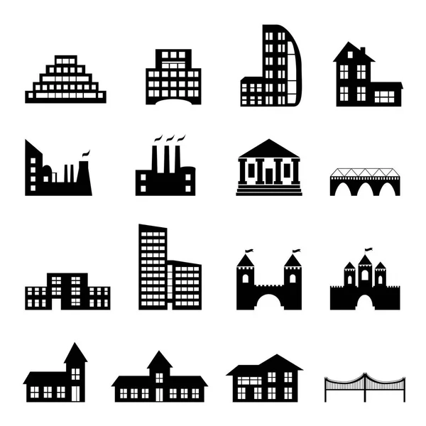 Edificios planos iconos negros conjunto — Archivo Imágenes Vectoriales