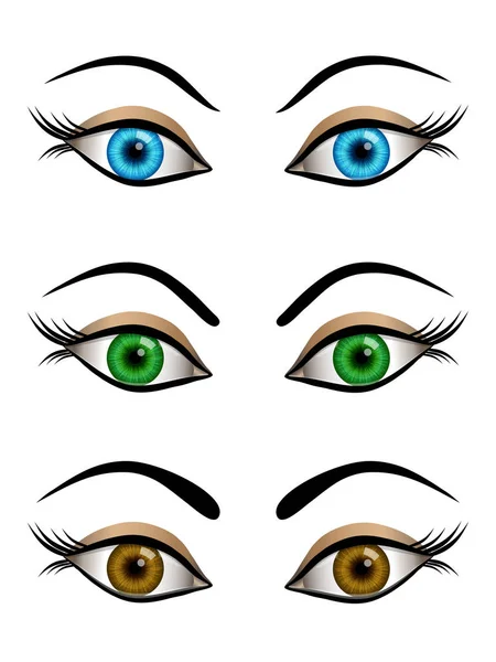 Conjunto de dibujos animados ojos femeninos azul, marrón y verde colores — Archivo Imágenes Vectoriales