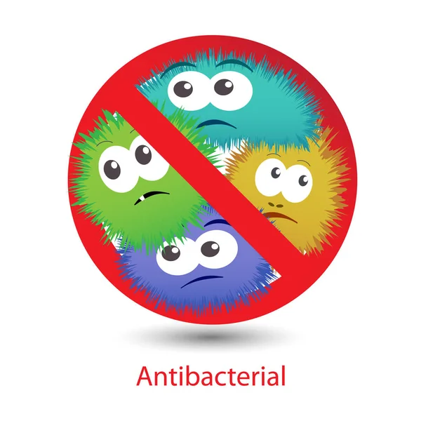 Antibacterial sign with a funny cartoon bacteria. — Stock Vector