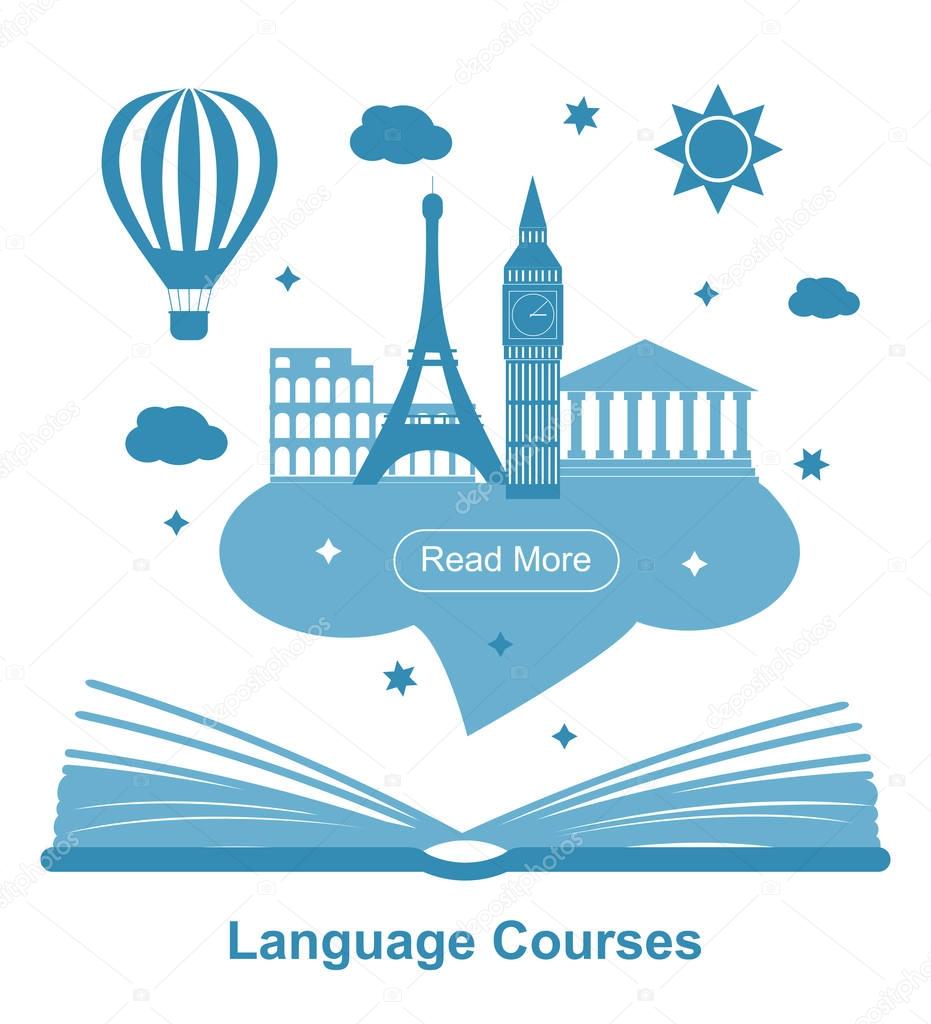 Language courses poster with open book . Vector illustration