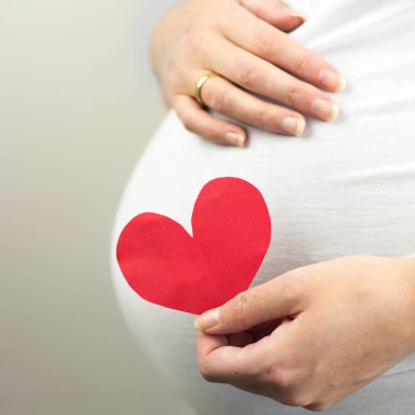 Elinde kırmızı kalp tutan hamile kadın. Hamile kadın karnında doğmamış bebek. Yakın çekim