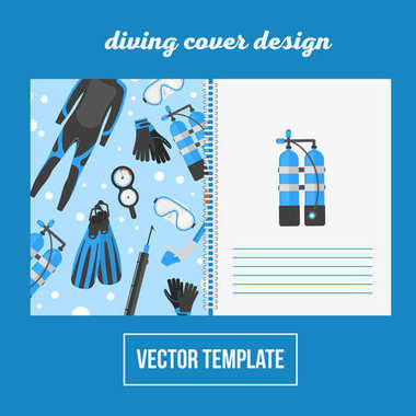 Cover design for print with diving equipment, vector illustration notebook background clipart