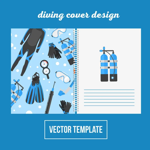 Cover design for print with diving equipment, vector illustration notebook background — Stock Vector