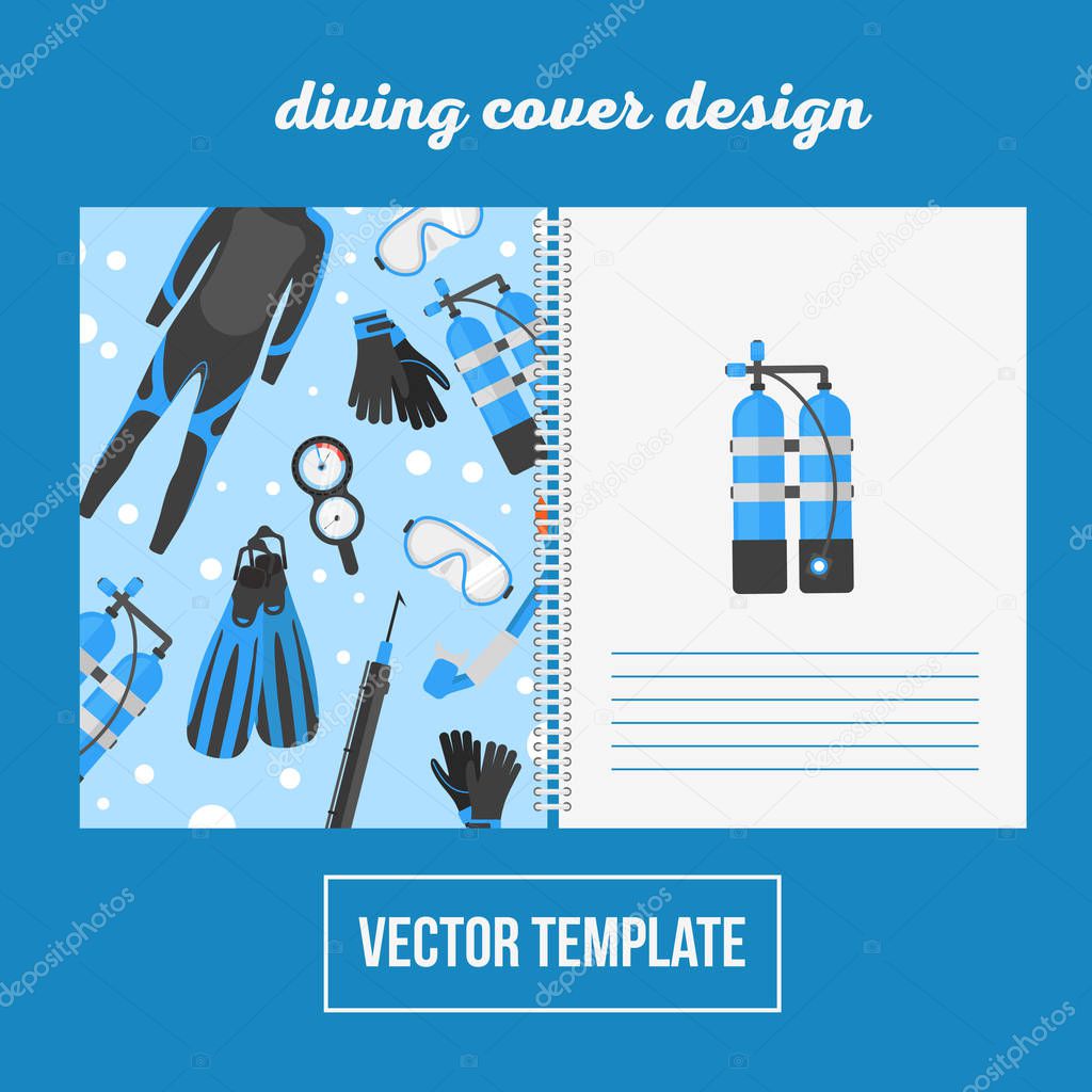 Cover design for print with diving equipment, vector illustration notebook background