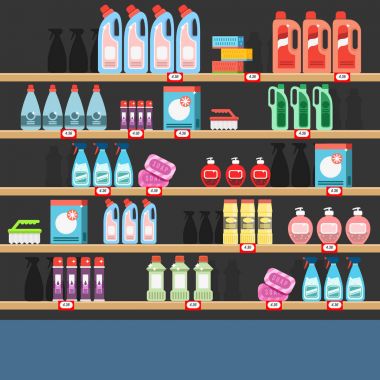 Temiz bir süpermarkette bir rafta. Deterjan Dükkanı. 