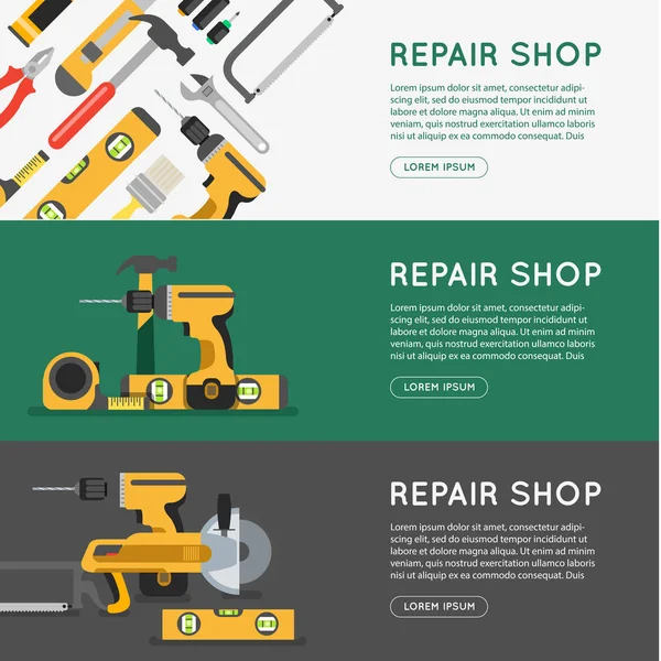 Reparar conjunto de pancartas del taller de herramientas. tienda de bricolaje diseño de banner en línea . — Vector de stock