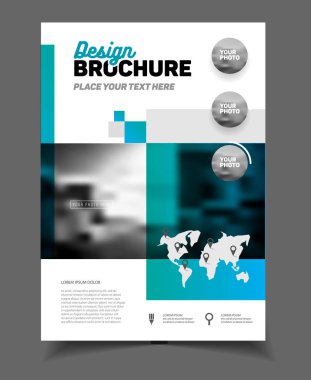 İş broşür tasarımı. Yıllık rapor vektör çizim şablonu. A4 boyutu kurumsal iş katalog kapak. İş sunumu ile fotoğraf ve geometrik grafik öğeleri.