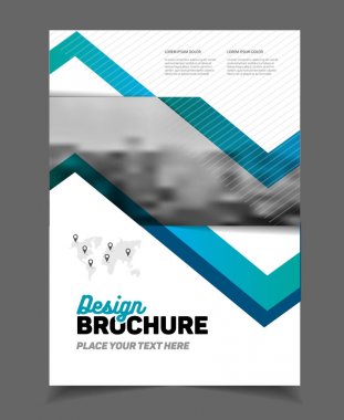 İş broşür tasarımı. Yıllık rapor vektör çizim şablonu. A4 boyutu kurumsal iş katalog kapak. İş sunumu ile fotoğraf ve geometrik grafik öğeleri.