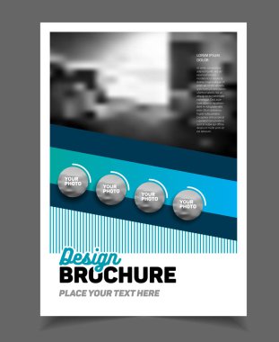 İş broşür tasarımı. Yıllık rapor vektör çizim şablonu. A4 boyutu kurumsal iş katalog kapak. İş sunumu ile fotoğraf ve geometrik grafik öğeleri.