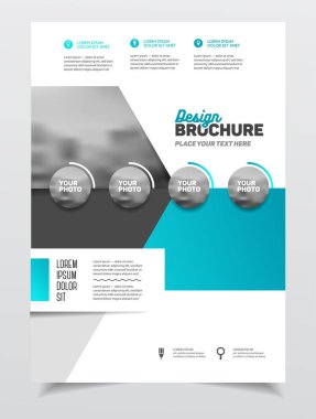 Broşür tasarım mavi. Yıllık rapor vektör çizim şablonu. A4 boyutu kurumsal iş katalog kapak. İş sunumu ile fotoğraf ve geometrik grafik öğeleri.