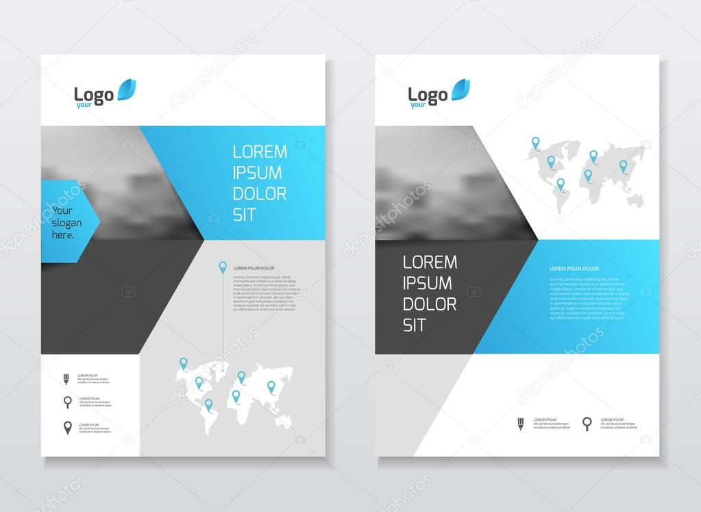Blue Business Brochure design. Annual report vector illustration template. A4 size corporate business catalogue cover. Business presentation with photo and geometric graphic elements.
