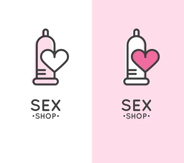 Sex shop logo with condom and heart. — Stock Vector