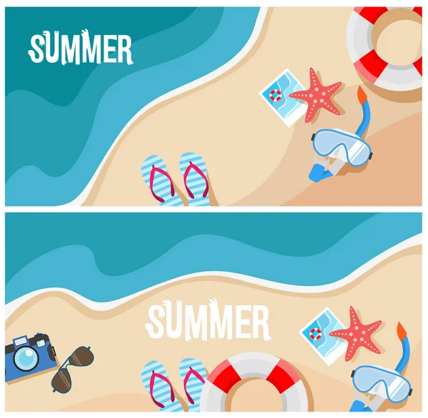 Verano playa vista superior vector ilustración. Banner de viaje o folleto — Vector de stock