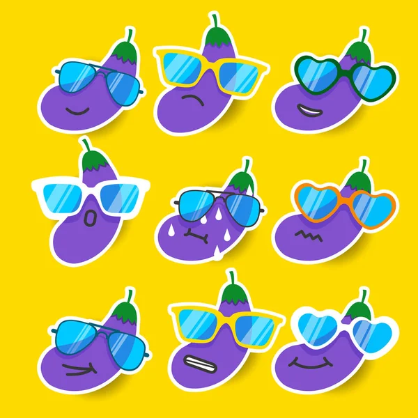 Emojis de berinjela de desenhos animados com óculos de sol . —  Vetores de Stock