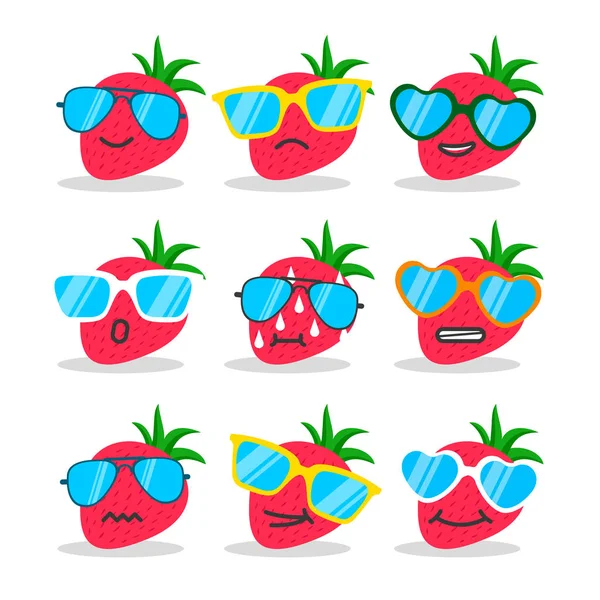 Emojis de fraise dessin animé avec lunettes de soleil . — Image vectorielle