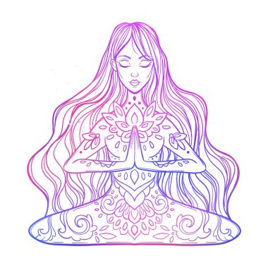 Yoga pozunda süslü bir kadın. Etnik, boho tarzında Vektör illüstrasyonu..