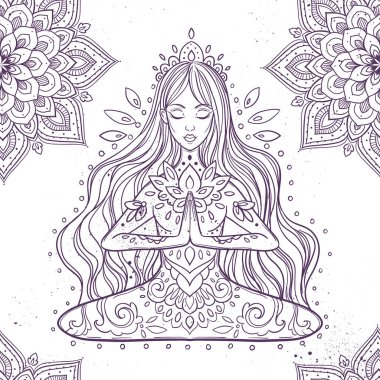 Yoga pozunda süslü bir kadın. Etnik, boho tarzında Vektör illüstrasyonu..